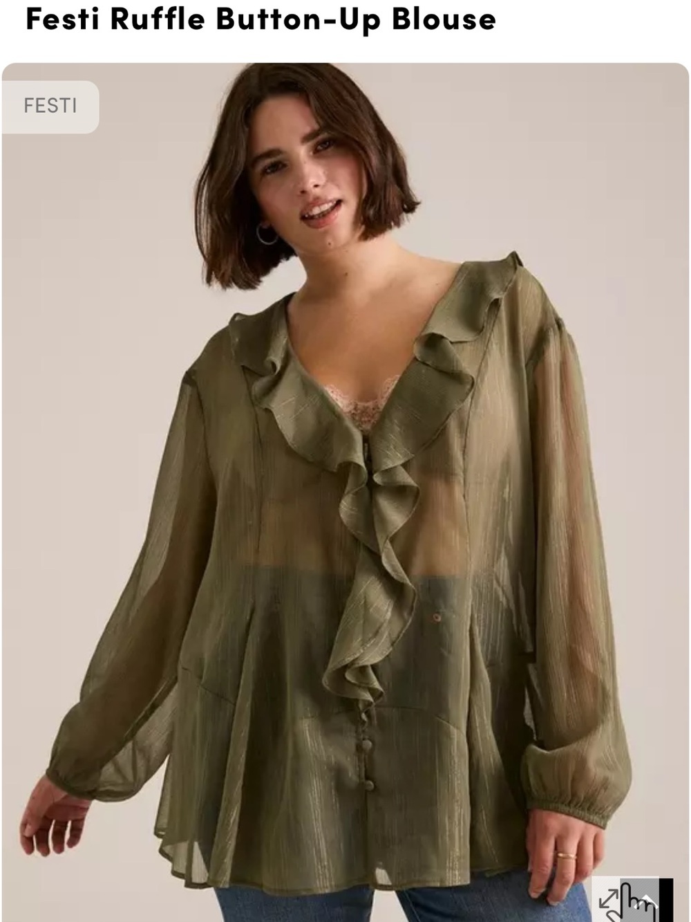 Size 1 torrid Olive Sheer Ruffle Button-Up Blouse